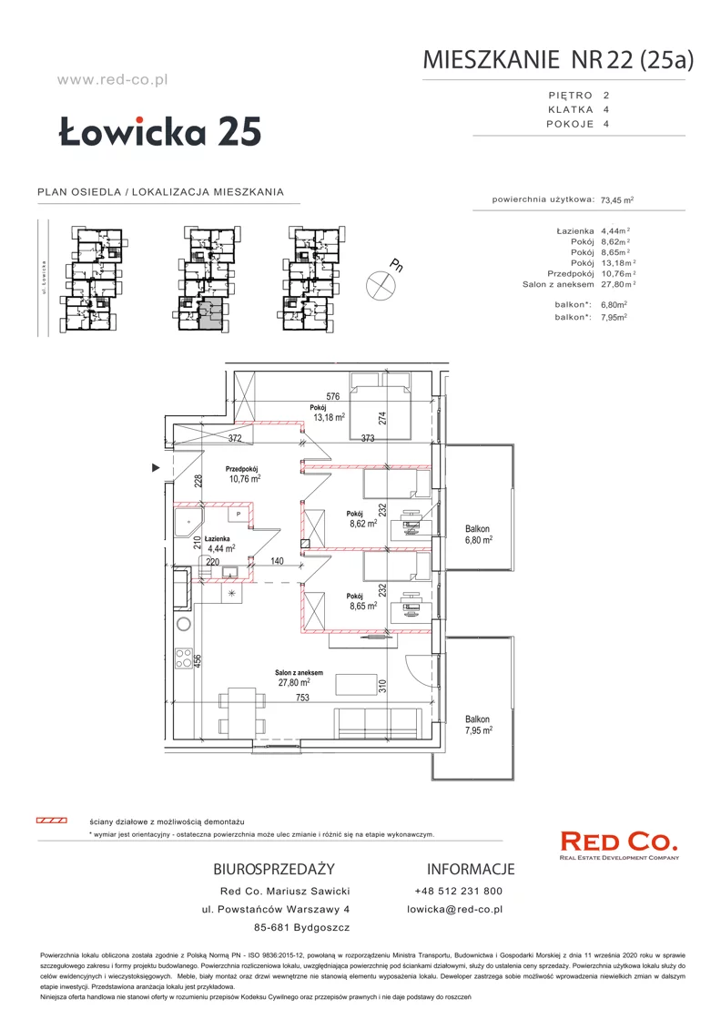 4 pokoje, mieszkanie 73,45 m², piętro 2, oferta nr 22A, Łowicka 25, Bydgoszcz, Brdyujście, ul. Łowicka 25