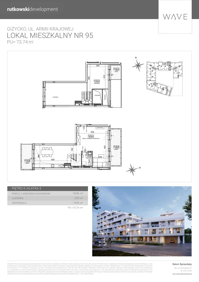 4 pokoje, apartament 73,74 m², piętro 4, oferta nr M95, Wave - Etap 1, Giżycko, ul. Armii Krajowej