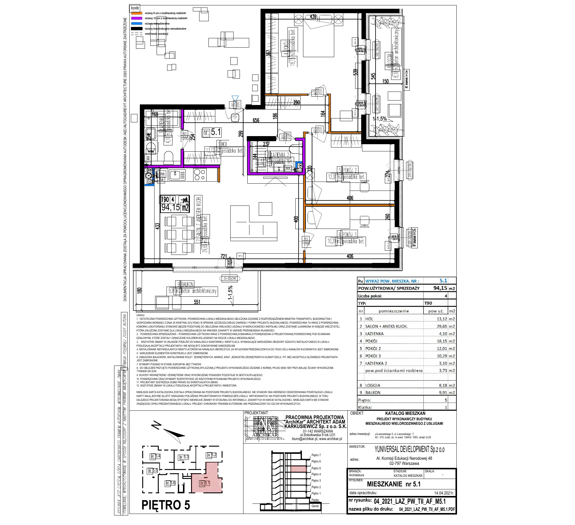 Apartament na sprzedaż 94,15 m², piętro 5, oferta nr 5.1.