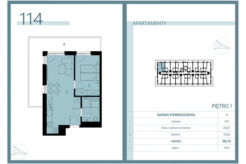 Apartament wakacyjny 37,02 m², piętro 1, oferta nr A/114