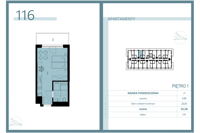 Apartament wakacyjny 25,11 m², piętro 1, oferta nr A/116