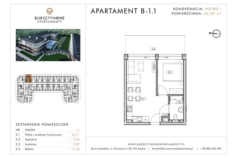 Apartament wakacyjny 34,89 m², piętro 1, oferta nr B-1.1