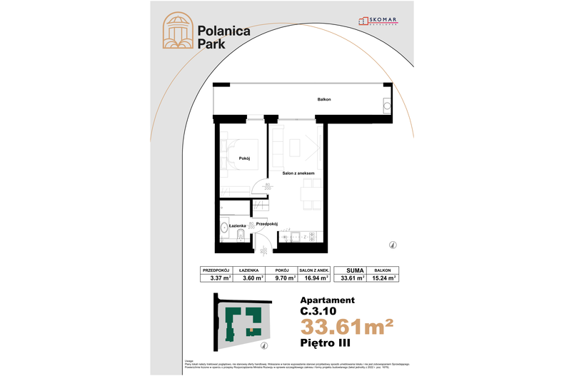 Apartament wakacyjny 33,61 m², piętro 3, oferta nr 3.10