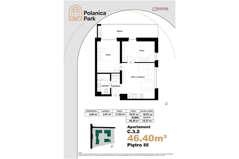 Apartament wakacyjny 46,40 m², piętro 3, oferta nr 3.2