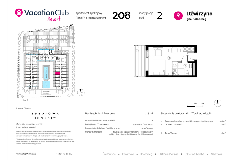 Apartament wakacyjny 21,80 m², piętro 1, oferta nr 208