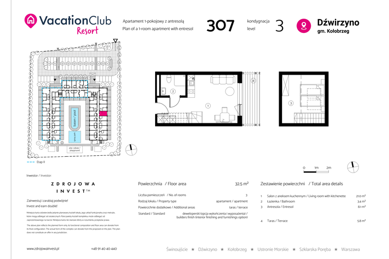 Apartament wakacyjny 32,50 m², piętro 2, oferta nr 307