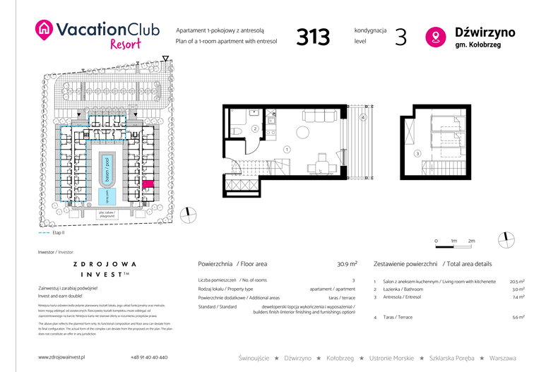 Apartament wakacyjny 30,90 m², piętro 2, oferta nr 313