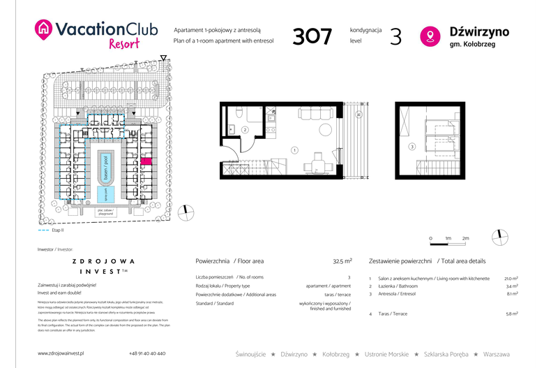 Apartament wakacyjny 32,50 m², piętro 2, oferta nr 307