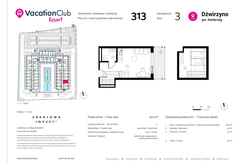 Apartament wakacyjny 30,90 m², piętro 2, oferta nr 313