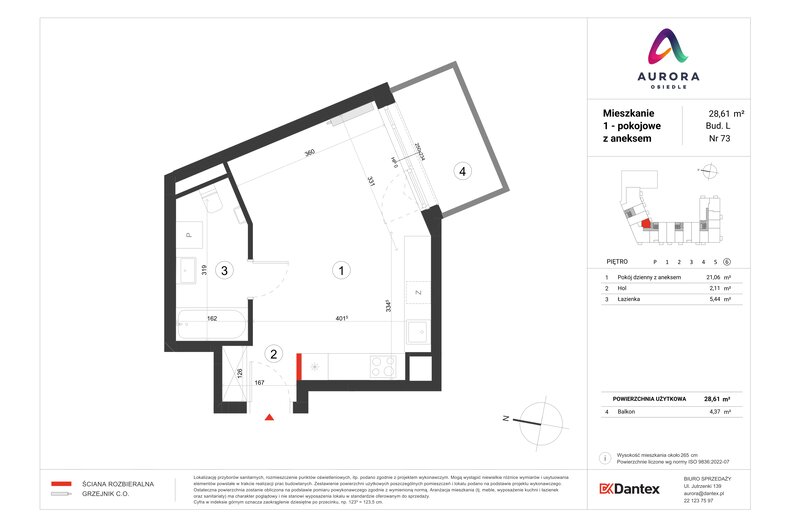 Mieszkanie 28,61 m², piętro 6, oferta nr L1/M073