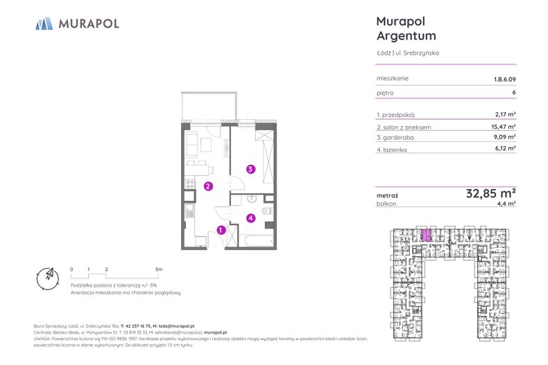 Mieszkanie 32,85 m², piętro 6, oferta nr 1.B.6.09