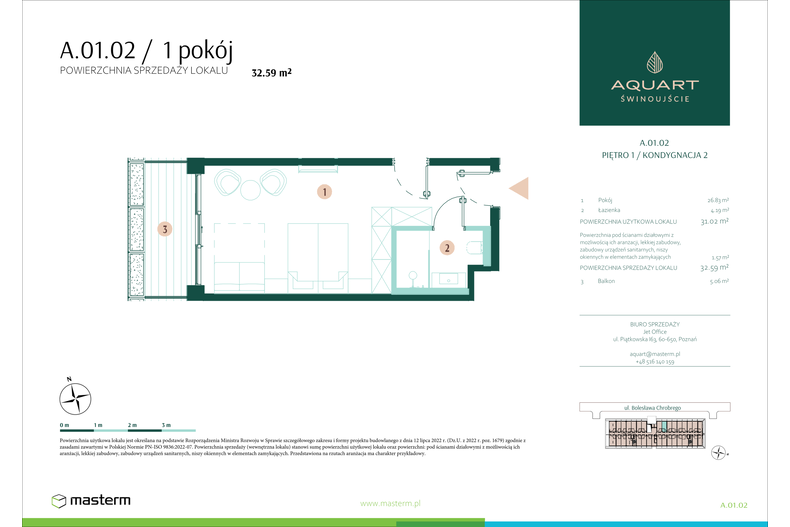 Apartament wakacyjny 32,59 m², piętro 1, oferta nr A/01/02