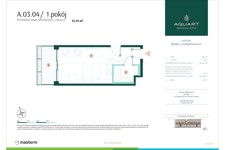 Apartament wakacyjny 32,59 m², piętro 3, oferta nr A/03/04