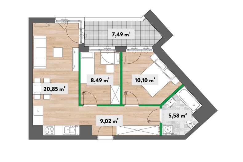 Mieszkanie 56,07 m², piętro 4, oferta nr Książąt Mazowieckich 6,8/H-F3.D.04.04