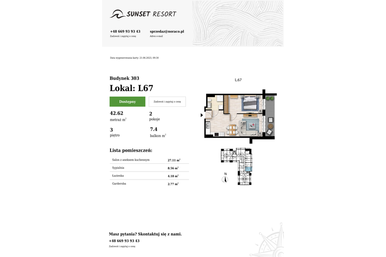 Apartament wakacyjny 42,62 m², piętro 3, oferta nr L67