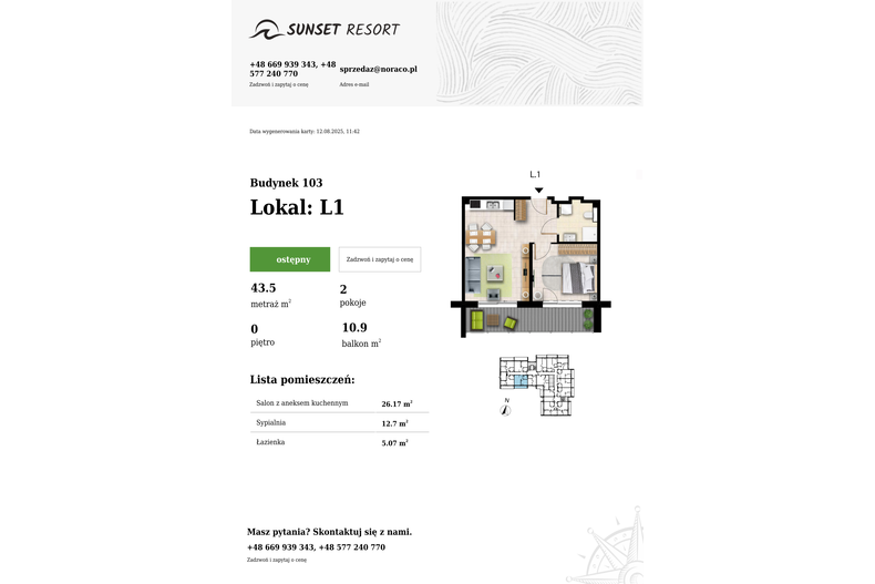 Apartament wakacyjny 43,50 m², parter, oferta nr 103-L1