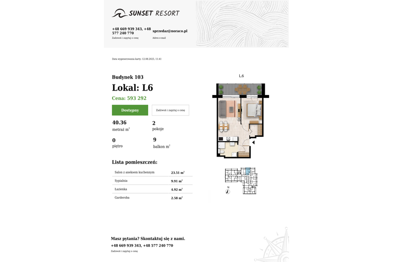 Apartament wakacyjny 40,36 m², parter, oferta nr 103-L6