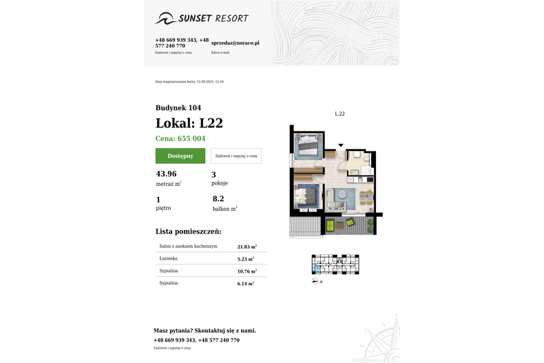 Apartament wakacyjny 43,96 m², piętro 1, oferta nr 104-L22