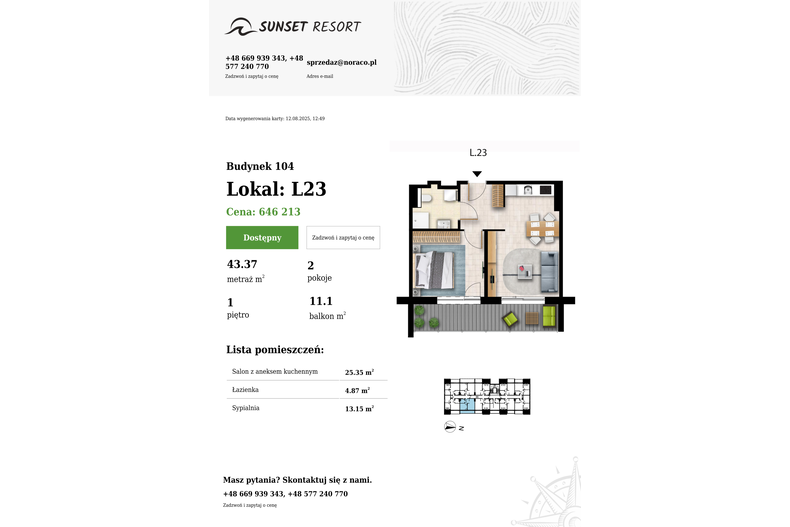 Apartament wakacyjny 43,37 m², piętro 1, oferta nr 104-L23