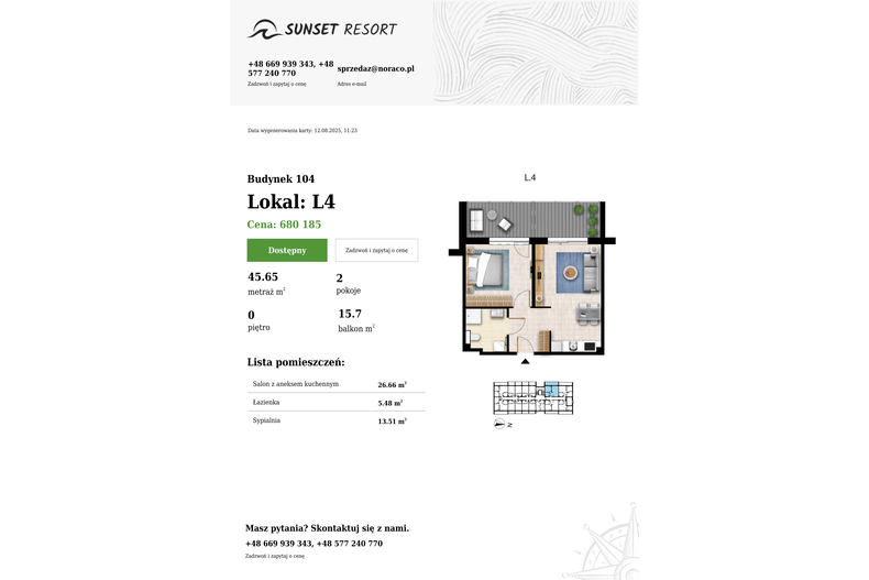 Apartament wakacyjny 45,65 m², parter, oferta nr 104-L4