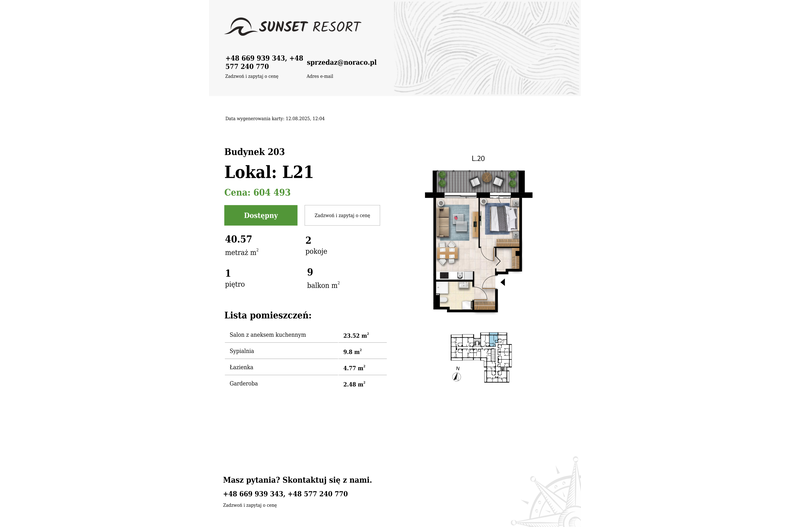 Apartament wakacyjny 40,57 m², piętro 1, oferta nr 203-L21