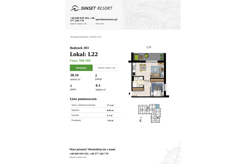 Apartament wakacyjny 38,16 m², piętro 1, oferta nr 203-L22