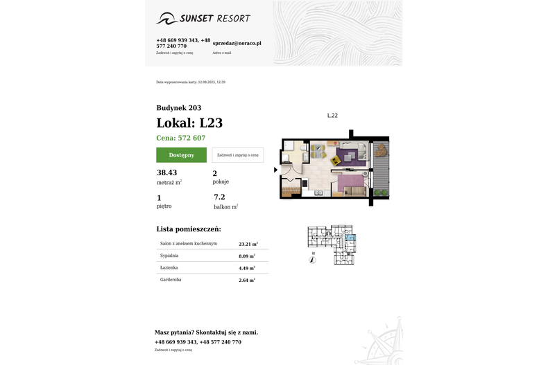 Apartament wakacyjny 38,43 m², piętro 1, oferta nr 203-L23