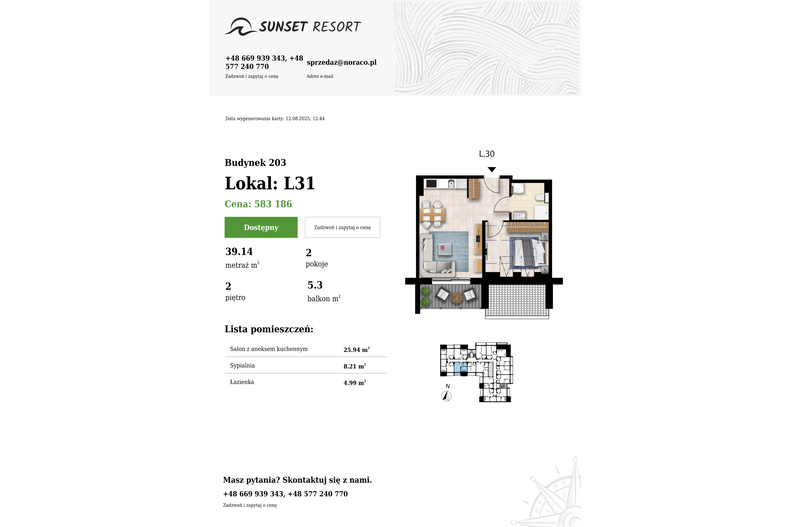 Apartament wakacyjny 39,14 m², piętro 2, oferta nr 203-L31