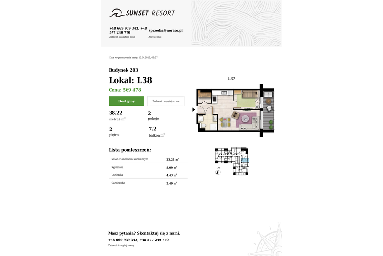 Apartament wakacyjny 38,22 m², piętro 2, oferta nr 203-L38