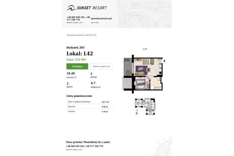 Apartament wakacyjny 34,49 m², piętro 2, oferta nr 203-L42