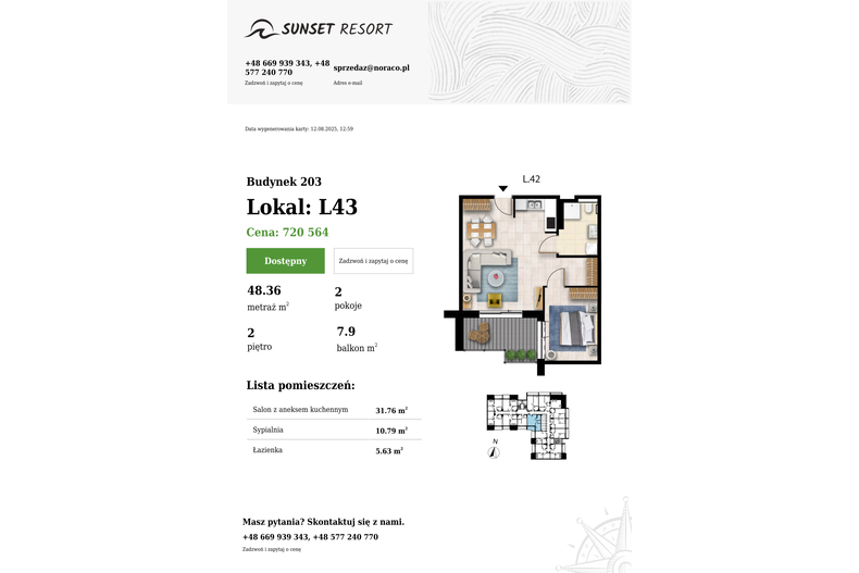 Apartament wakacyjny 48,36 m², piętro 2, oferta nr 203-L43