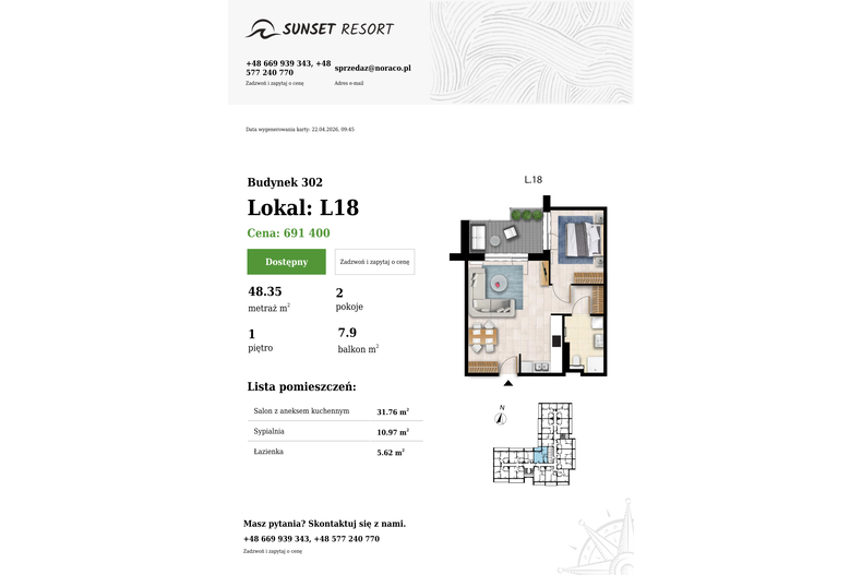 Apartament wakacyjny 48,35 m², piętro 1, oferta nr L 18