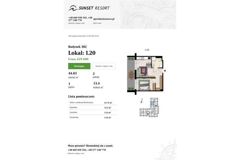 Apartament wakacyjny 44,03 m², piętro 1, oferta nr L 20