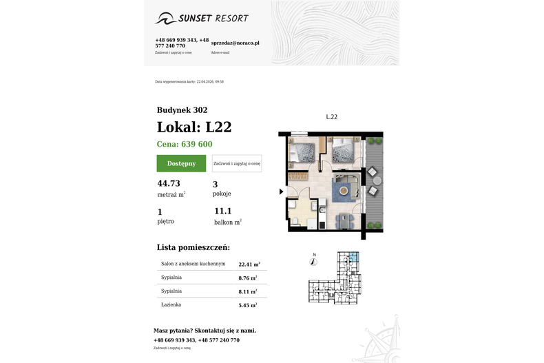 Apartament wakacyjny 44,73 m², piętro 1, oferta nr L 22