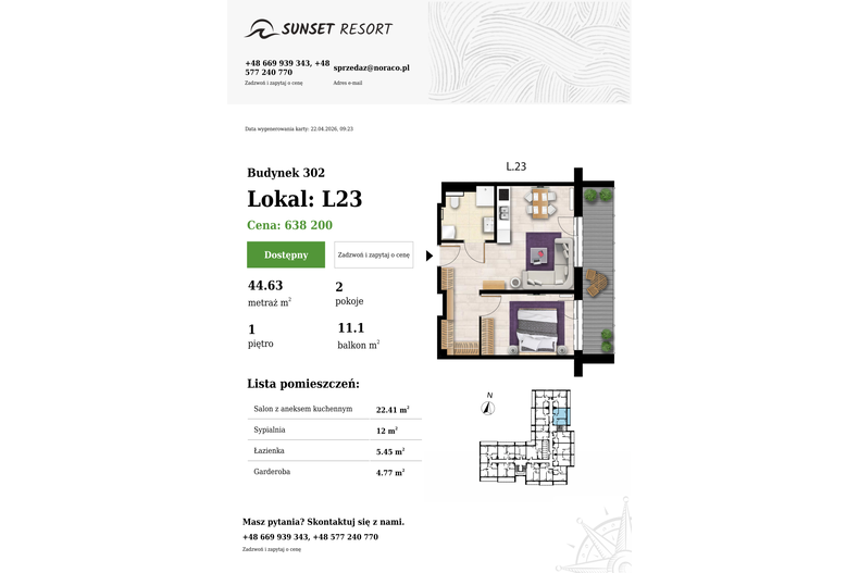 Apartament wakacyjny 44,63 m², piętro 1, oferta nr L 23
