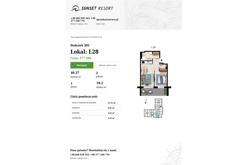 Apartament wakacyjny 40,37 m², piętro 1, oferta nr L 28