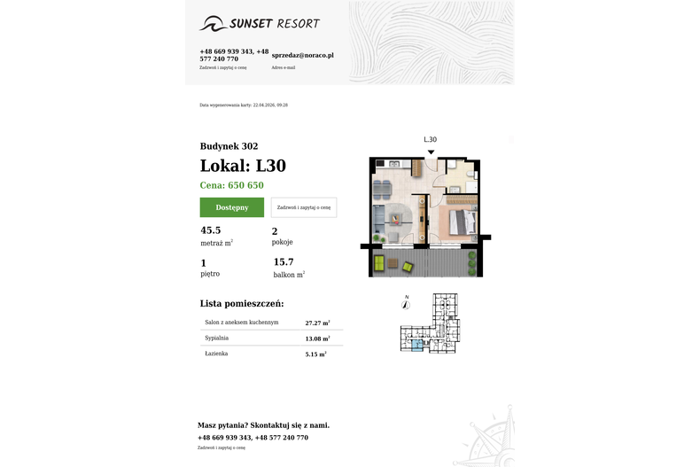 Apartament wakacyjny 45,50 m², piętro 1, oferta nr L 30