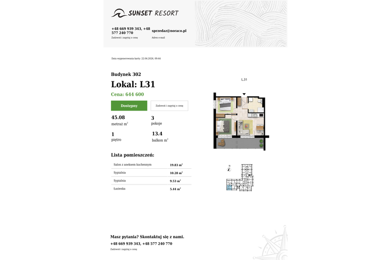 Apartament wakacyjny 45,08 m², piętro 1, oferta nr L 31