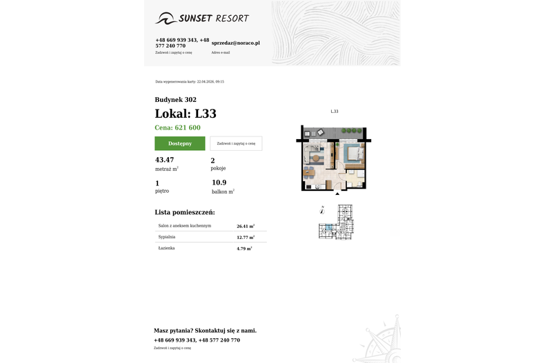 Apartament wakacyjny 43,47 m², piętro 1, oferta nr L 33