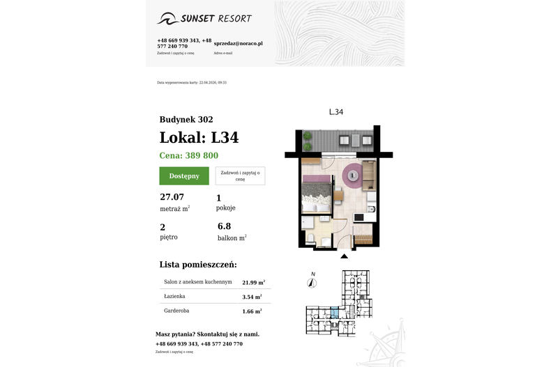 Apartament wakacyjny 27,07 m², piętro 2, oferta nr L 34