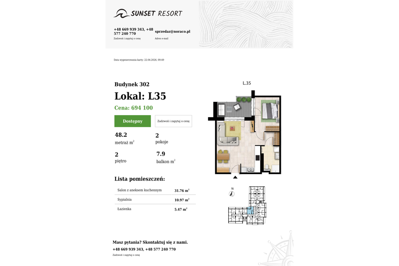 Apartament wakacyjny 48,20 m², piętro 2, oferta nr L 35