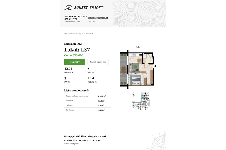 Apartament wakacyjny 43,75 m², piętro 2, oferta nr L 37