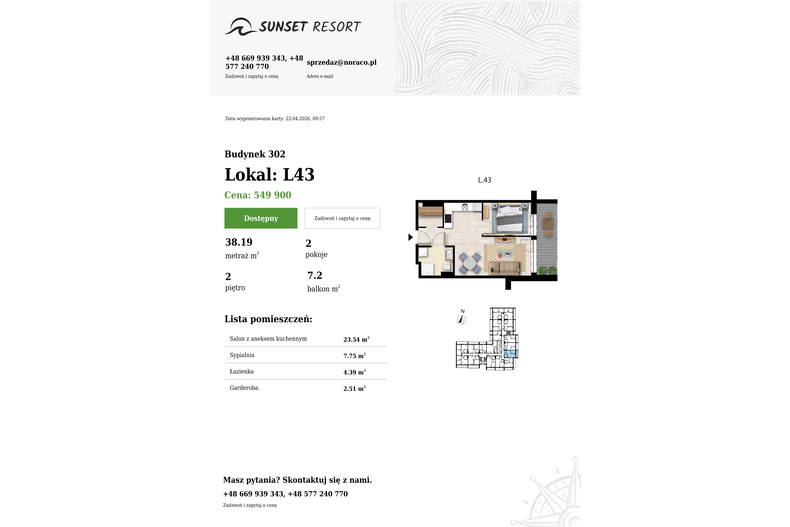 Apartament wakacyjny 38,19 m², piętro 2, oferta nr L 43