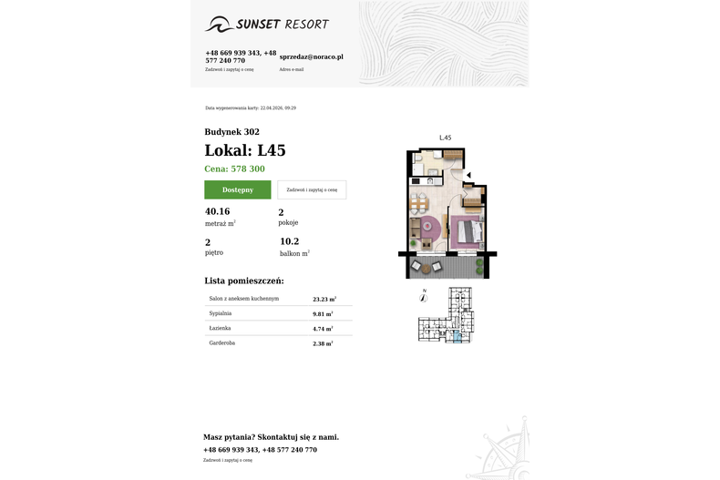 Apartament wakacyjny 40,16 m², piętro 2, oferta nr L 45