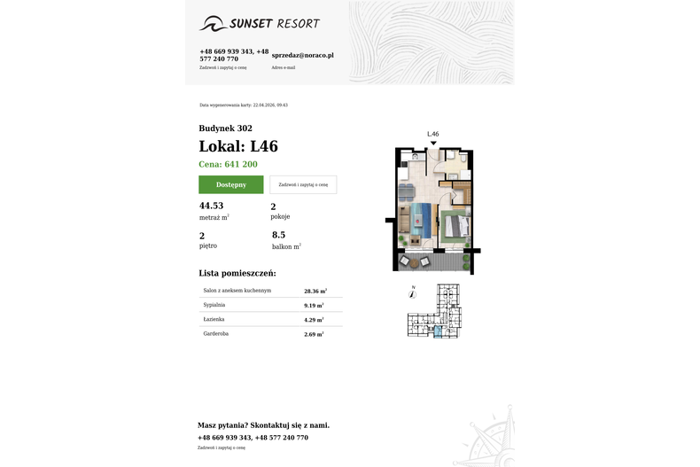 Apartament wakacyjny 44,53 m², piętro 2, oferta nr L 46