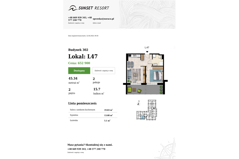 Apartament wakacyjny 45,34 m², piętro 2, oferta nr L 47