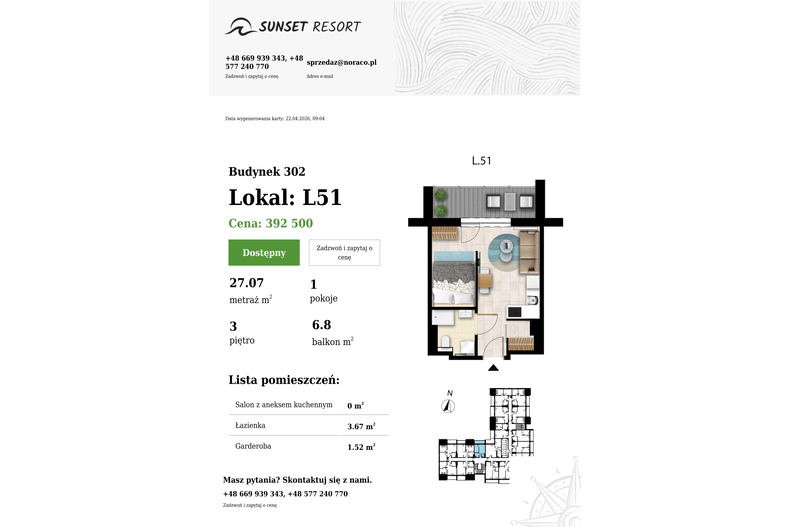 Apartament wakacyjny 27,07 m², piętro 3, oferta nr L 51