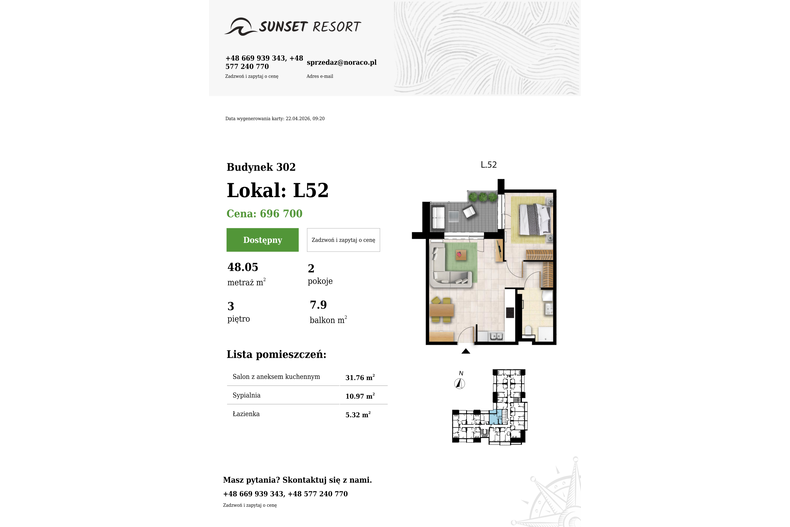 Apartament wakacyjny 48,05 m², piętro 3, oferta nr L 52