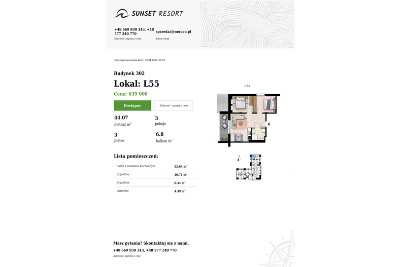 Apartament wakacyjny 44,07 m², piętro 3, oferta nr L 55