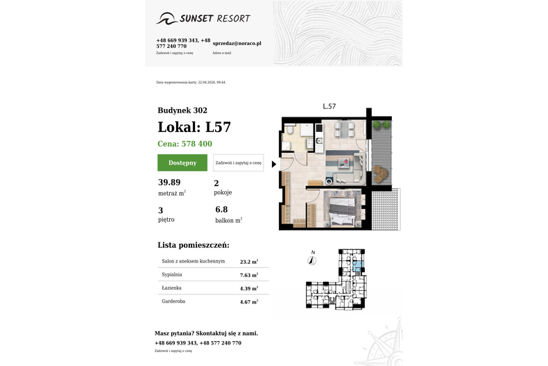 Apartament wakacyjny 39,89 m², piętro 3, oferta nr L 57